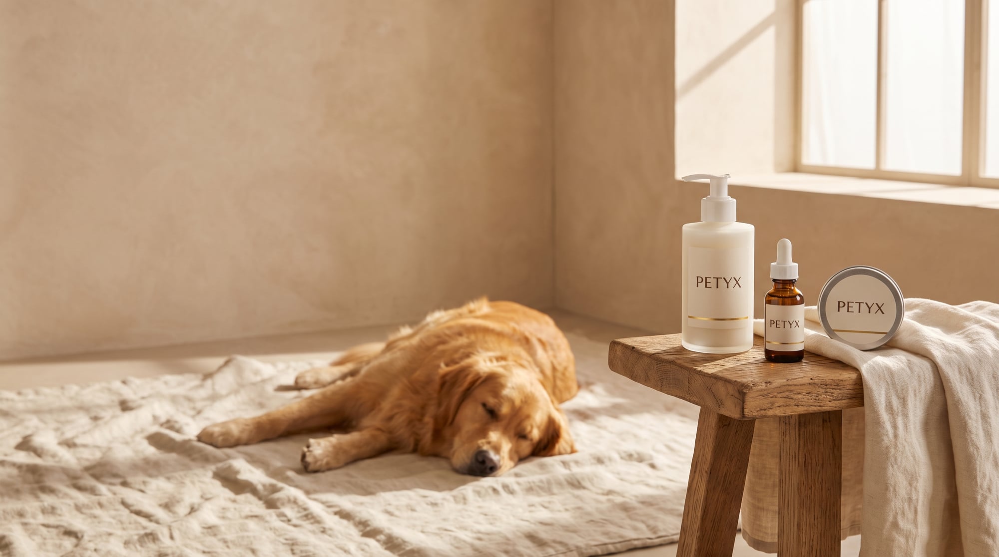 A dog resting in soft light beside PETYX coat-care apothecary bottles