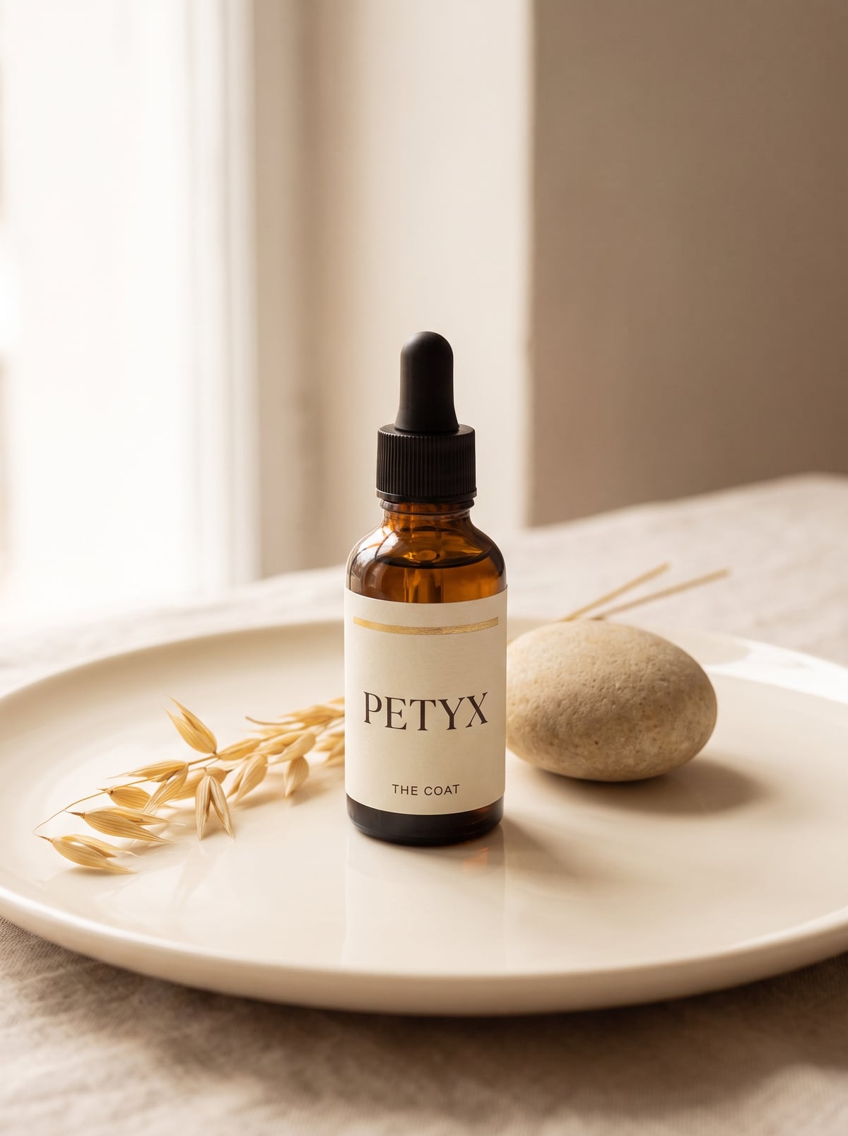 PETYX The Coat — nourishing coat oil in amber glass